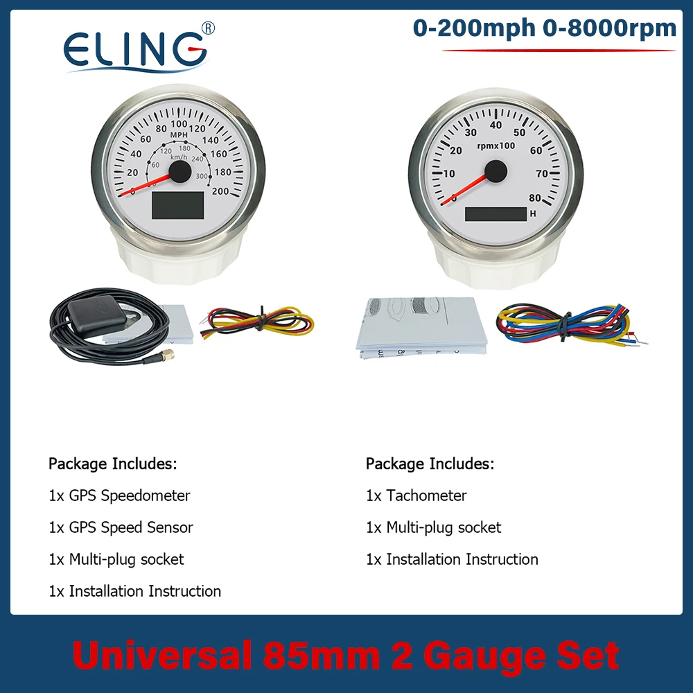 

ELING 85mm GPS Speedometer 60 80 120 160 200 mph 4K 4K 7K 8K RPM Tachometer with 7 Colors Backlight 12V 24V for Car Sailboat