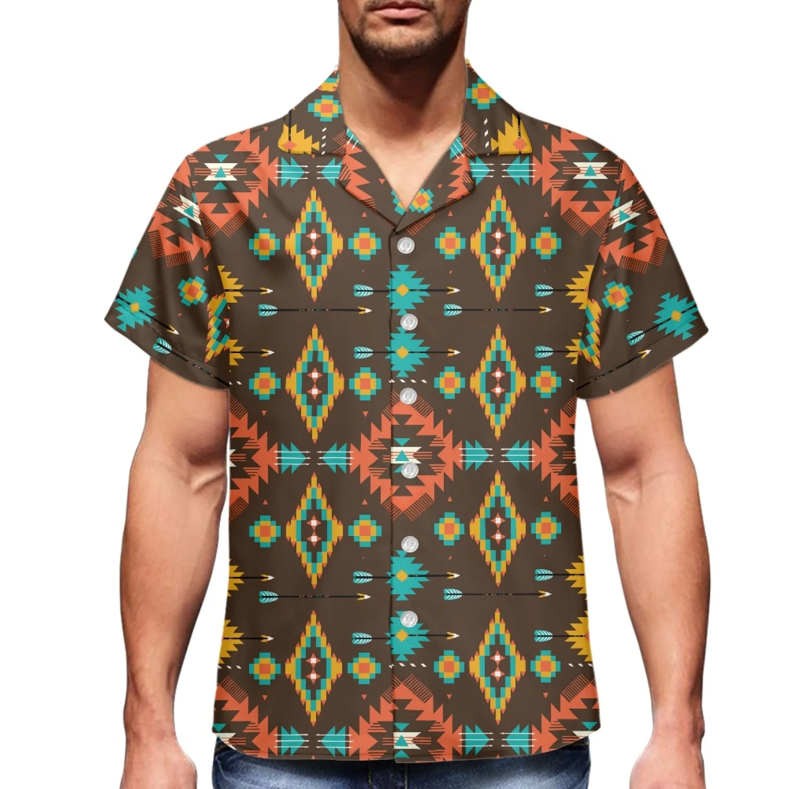 

Design Indian Tribe Pattern Style Printed Beach Trend Shirt v Neck Short Sleeve Hawaiian Luxury Men's Summer Sports Shirt Luxury