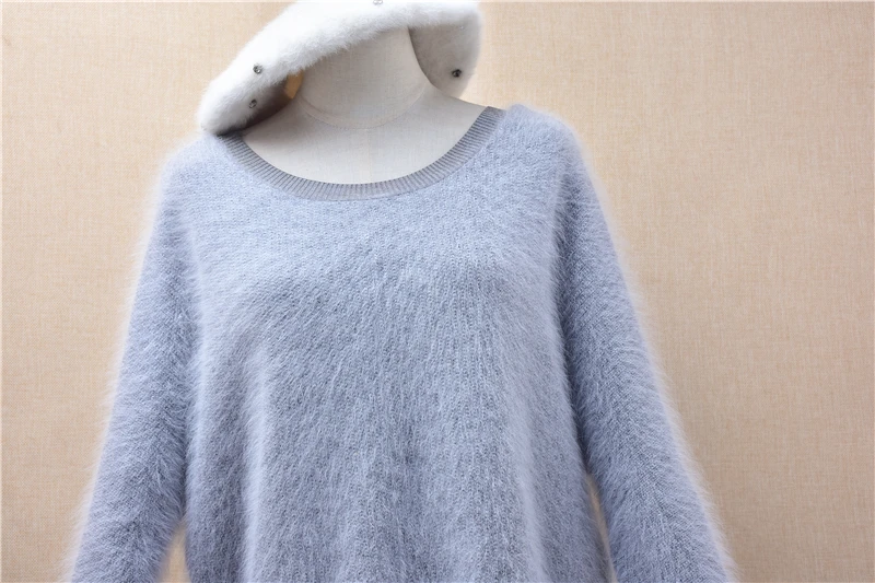Ladies Women Autumn Winter Crop Top Grey Hairy Angora Rabbit Hair Knitted Fur Sleeves O-Neck Loose Pullover Sweater Jumper Pull view 2