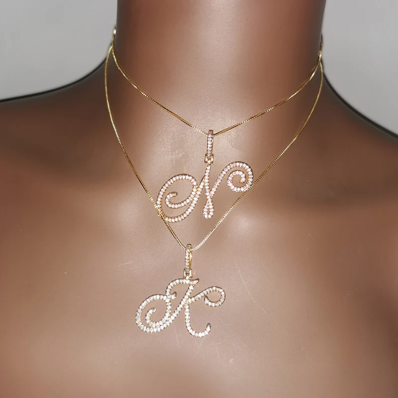 Grandbling Cursive 26 Initial Letter Pendant Necklace  High Quality 5A Cubic Zirconia CZ Alphabet Name Jewelry