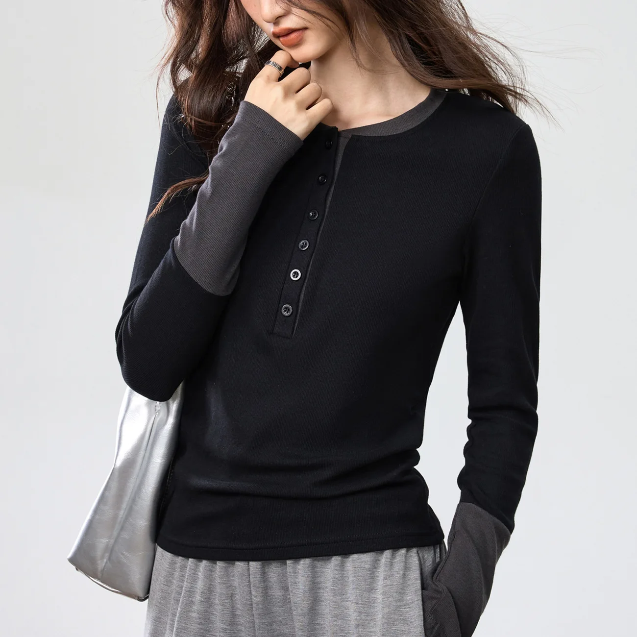 Women Color Block Henley Long Sleeve T Shirt Button Front Slim Fit Casual Layering Top Female Tee
