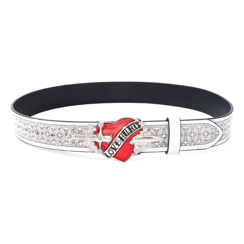 Skinny Waist Belt White Embossed PU Strap with Heart Buckles, Outfit Accessory for Dresses and Skirts Styling Y08E