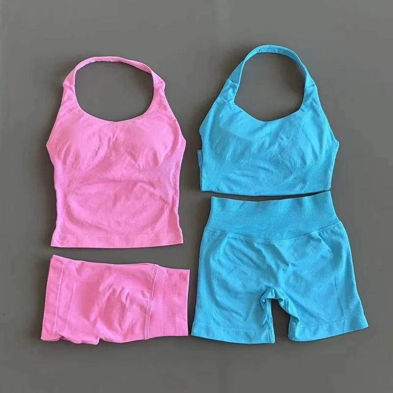 2 Pcs Gym Halter Top Strappy Bra Shorts Set Women Yoga Workout Clothes Seamless Vest Hip-Lifting Sports Leggings Gym Suit