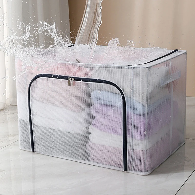 Boîte de rangement transparente avec cadre en acier, mallette de rangement pliable, conteneur T1 pour vêtements, grill, drap de lit, couverture, oreiller, chaussure
