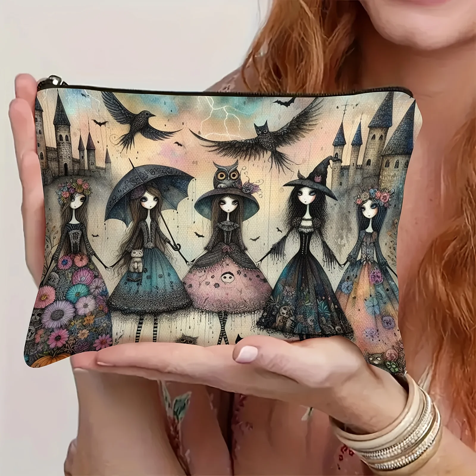 حقيبة مكياج قوطية غريبة الأطوار - ساحرة ساحرة، حقيبة مستحضرات تجميل بتصميم قطة سوداء وبومة للسفر، حقيبة تخزين بطابع الهالوين