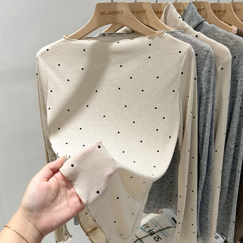 2026 Summer Thin Layered Base Shirt Casual All Match Top Women's T Shirt Apricot Polka Dot One Shoulder Long Sleeve Tee