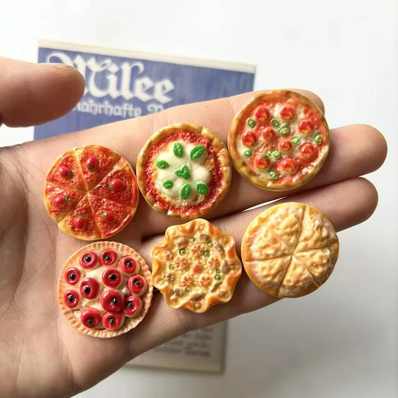 6Pcs Mini Delicious Resin Pizza Food Cake Fridge Magnets Strong Magnetic 3D Sticker for Kitchen Refrigerator Home Crafts Decor