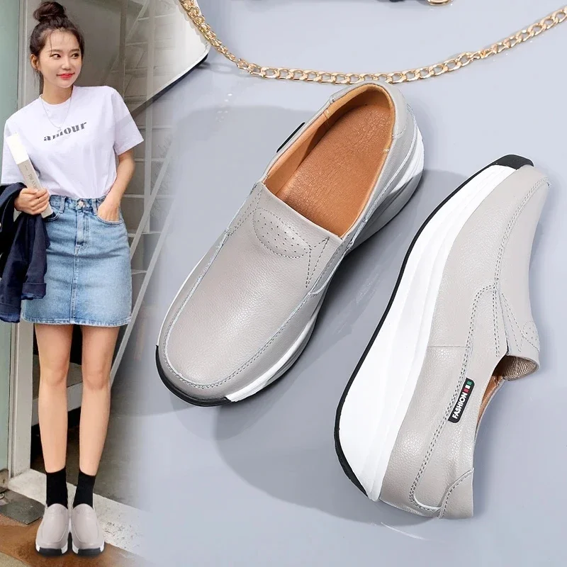 Women Flats Platform Loafers Ladies Elegant Genuine Leather Moccasins Shoes Woman Spring Round Toe Slip On Casual Women\'s Shoes