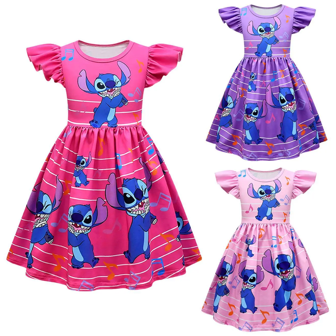 

2024 Disney Stitch New Children's Dress Stitch Girls Flying Sleeve A-line Skirt Kids Dresses for Girls Birthday Performance