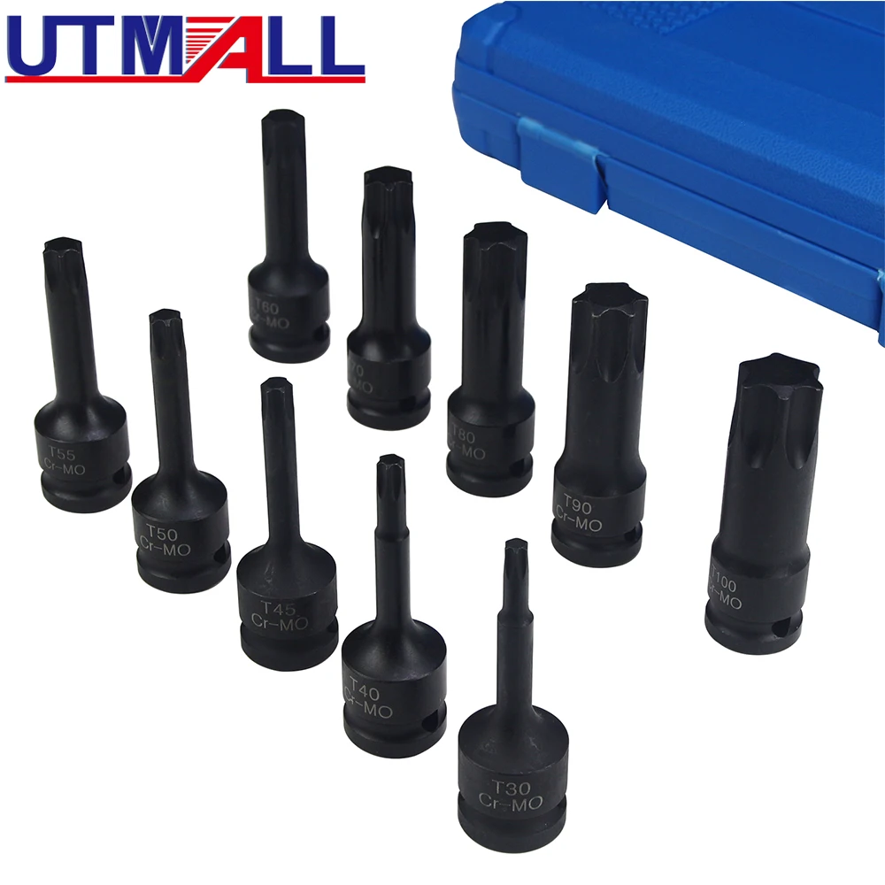 

10PCS 1/2 Torx Bit Socket Air Impact Wrench Adaptor Bits T30 T40 T45 T50 T55 T60 T70 T80 T90 T100 Home Screw Driver Tools