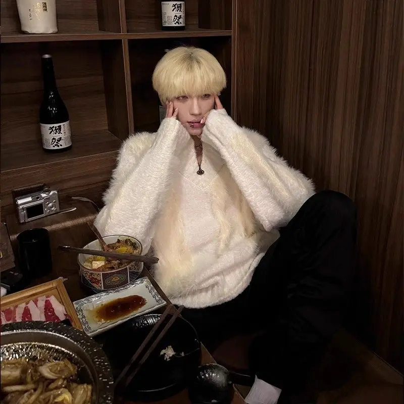 플러시 하이 칼라 남성 니트웨어 겨울 레이지 스타일 프리미엄 느낌 브이넥 울 블렌드 코튼 베이스 레이어 화이트 스웨터