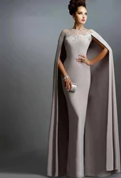 2024 Luxury Satin Bead Evening Dress Mermaid Elegant Dubai Saudi Arabic Women Party Dress Fashion Long Cape Sleeves Prom Gown