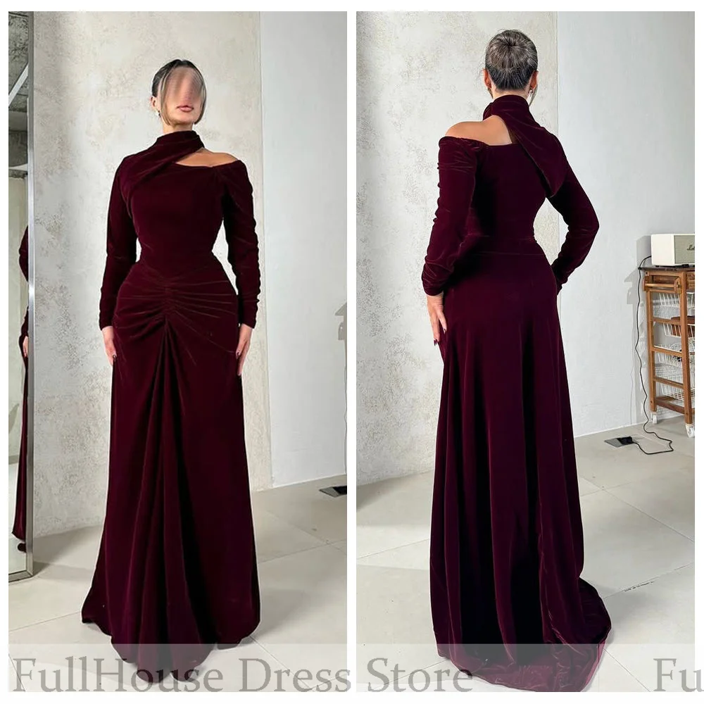 مناسبة مخصصة خمر الرقبة العالية كم طويل المخملية غمد مثير ثوب مسائي مطوي الطابق طول فستان عربي سعودي مع المحكمة