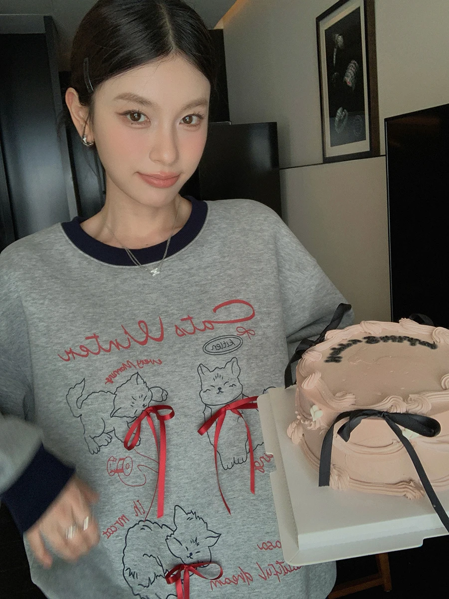 

Женский теплый свитшот из высокоэластичного хлопка с длинными рукавами, круглым вырезом, на флисовой подкладке, с 3D-рисунком и узлами