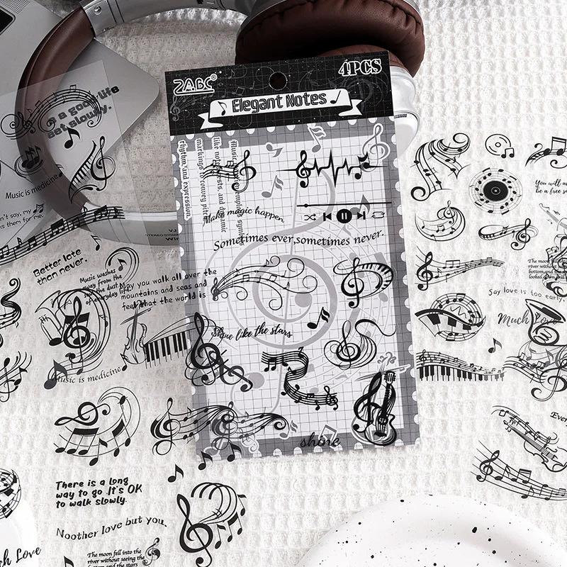 ملصقات مزخرفة مع ملاحظة موسيقية لسكرابوكينغ ، مجموعة من 4 أوراق ، ملصقات سوداء للحيوانات الأليفة ، الأفضل للمذكرات #3