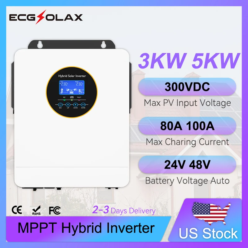 ECGSOLAX US 3KW 5KW Split Single Phase Hybrid Solar Inverter 120V Pure Sine Wave 24V 48V Built-in MPPT 80A 100A
