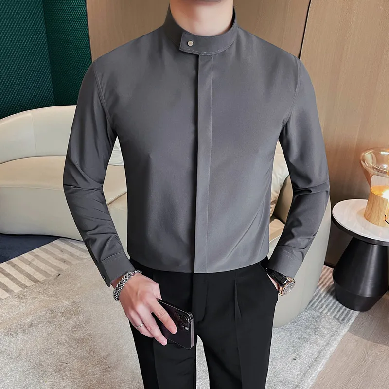 High Quality Concealed Button Shirts 2024 New Long Sleeve Slim Men Social Dress Shirt Formal Business Casual Prom Club Shirts