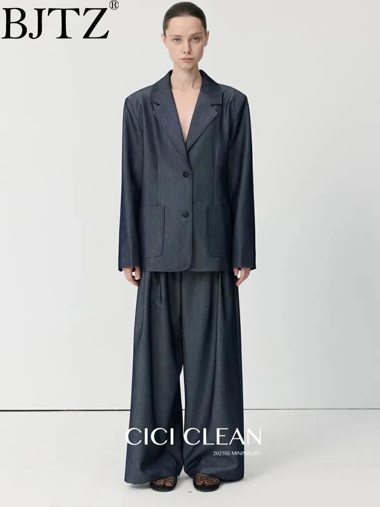 

BJTZ Solid Color Long Sleeve All-in-one 2025 Spring Autumn New Simple Style Pocket Suit + High-waisted Trousers Two-piece Set