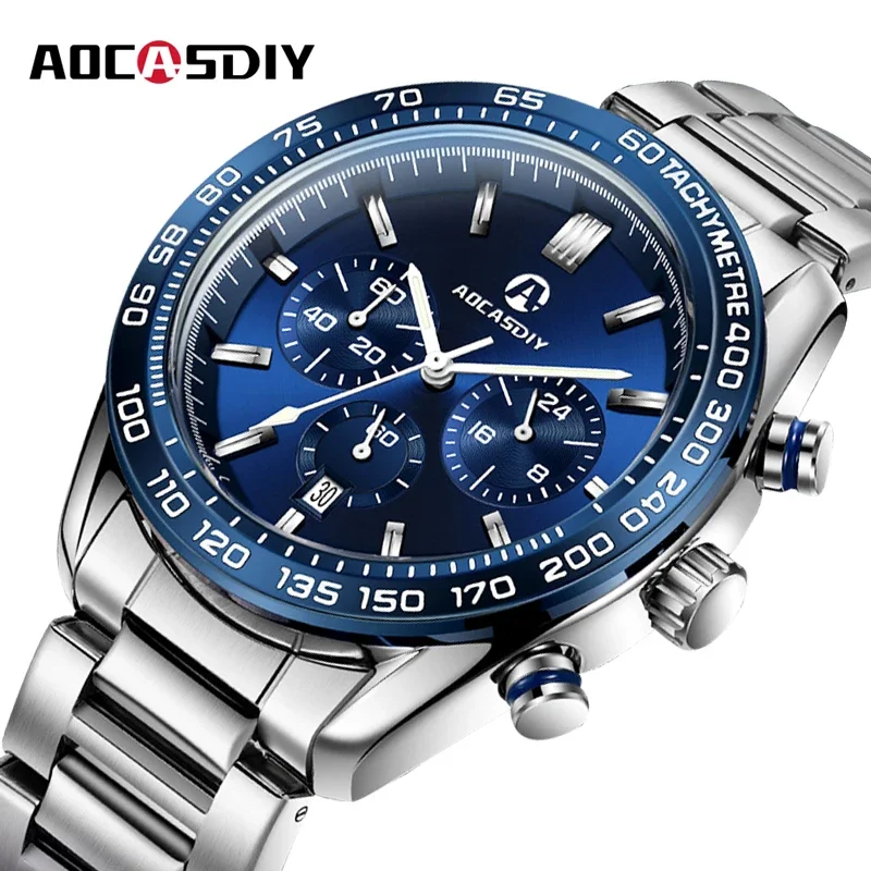 AOCASDIY High Quality Luxury Brand Chronograph Multifunction Professional Steel Strap Quartz Watch for Men Gift Bracelet Jewelry