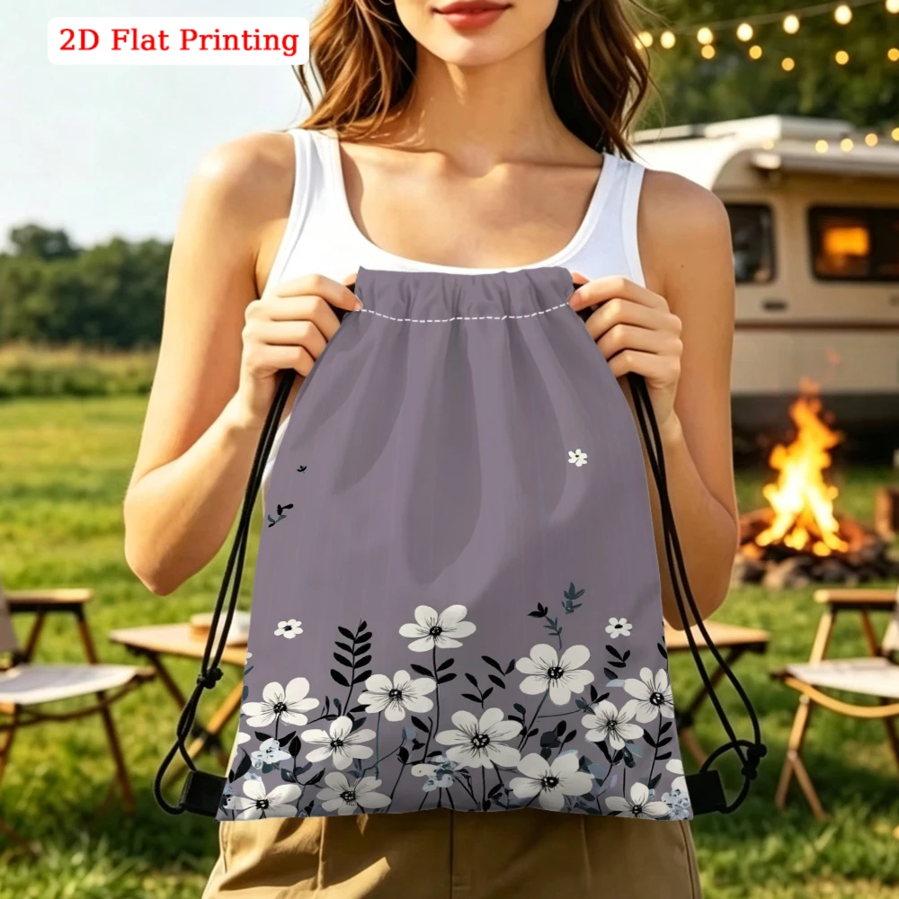 Stylish, Drawstring Backpack, 2D Flat Printing White Floral Pattern, Gym Sports Bag, Outdoor Travel Cinch Sack