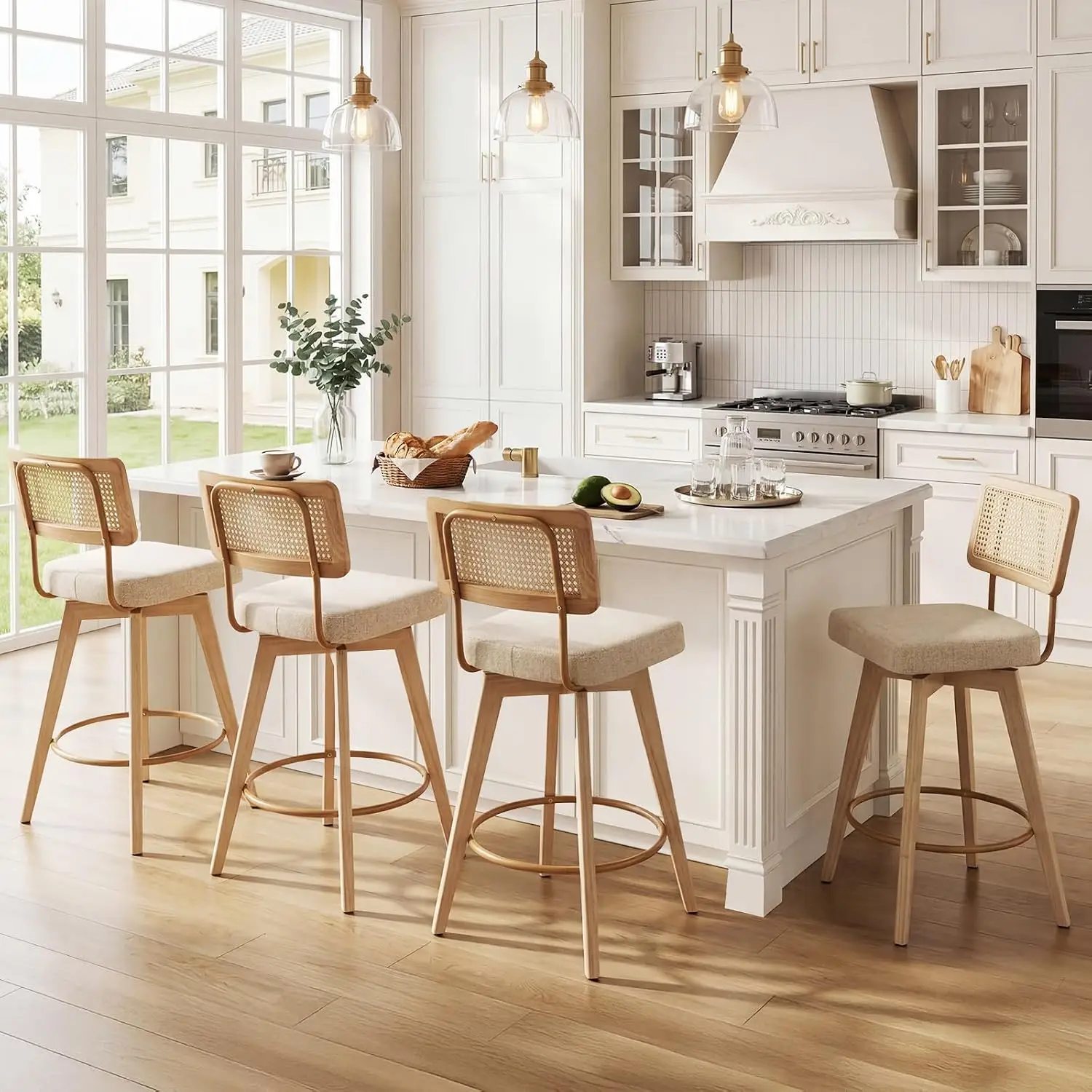 Rattan Swivel Bar Stools, Wooden Counter Height Stools, Linen Woven Backrest Kitchen Island Bar Furniture, Customized
