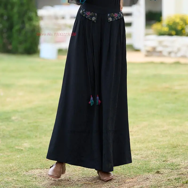 2024 chinese vintage flower embroidered pants women traditional wide leg trousers national elastic waist tassels loose pants