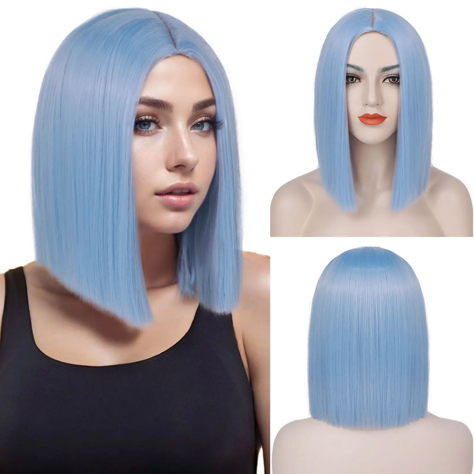 Light Blue Synthetic Short Bob Wig Straight Blue Wig for Women Shoulder Length Wigs Colorful Wig for Daily Use Party Cosplay