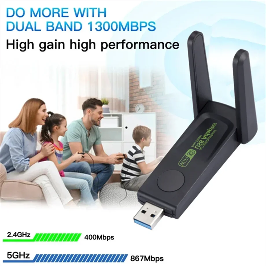 Adaptador USB WiFi de 1300Mbps, Dongle Wi-Fi de doble banda 2,4G + 5Ghz, 5 antenas 802.11AC USB3.0, receptor de tarjeta inalámbrico de alta velocidad, PC y portátil