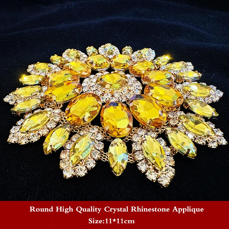 Fiore di strass per cucire in vetro di cristallo superiore giallo dorato, strass a Base d\'oro da 11cm, fai da te/abiti da sposa/accessorio per