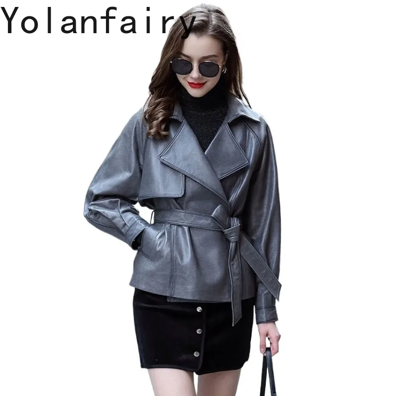 YOLANFAIRY Fashion 100% Sheepskin Genuine Leather Jacket Women Elegant Belted Real Leather Coat Woman Spring Autumn Streetwear