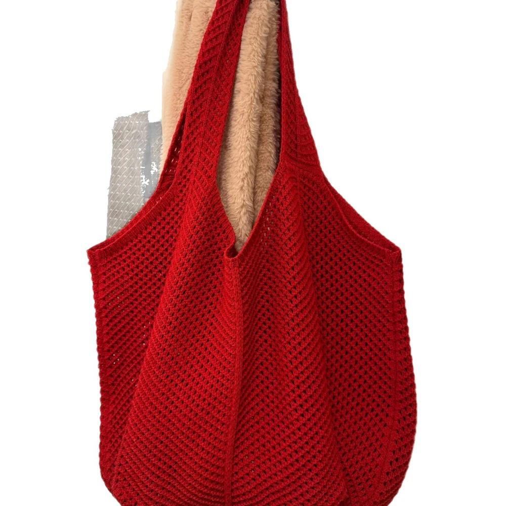Koreanischer Stil, lässiger Stil, große Kapazität, retrorote gestrickte Tragetasche, vielseitige Nischentasche im Urlaubsstil, gewebte Tasche, Damentasche – Detail 4
