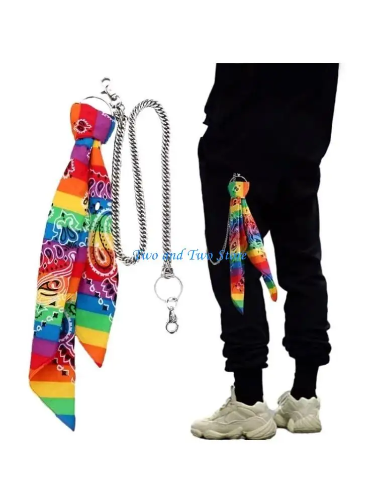 

HX6F Colorful Hip hop Cotton Rainbow Bandana Pants Chain Unique Kerchief Wallet Chain