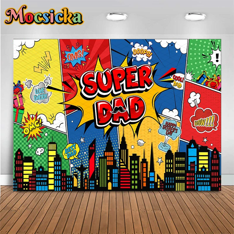 

Mocsicka Super Dad Father's Day Backdrop Art Comic Book City Photography Background Family Party Decorations Photoshoot Banner