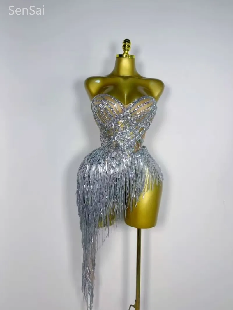 

Sexy Women Singer Dancer Performan Costume Nightclub Bar Girl Sparkly Diamond Tassel Evening Party Outf Two Piece Set