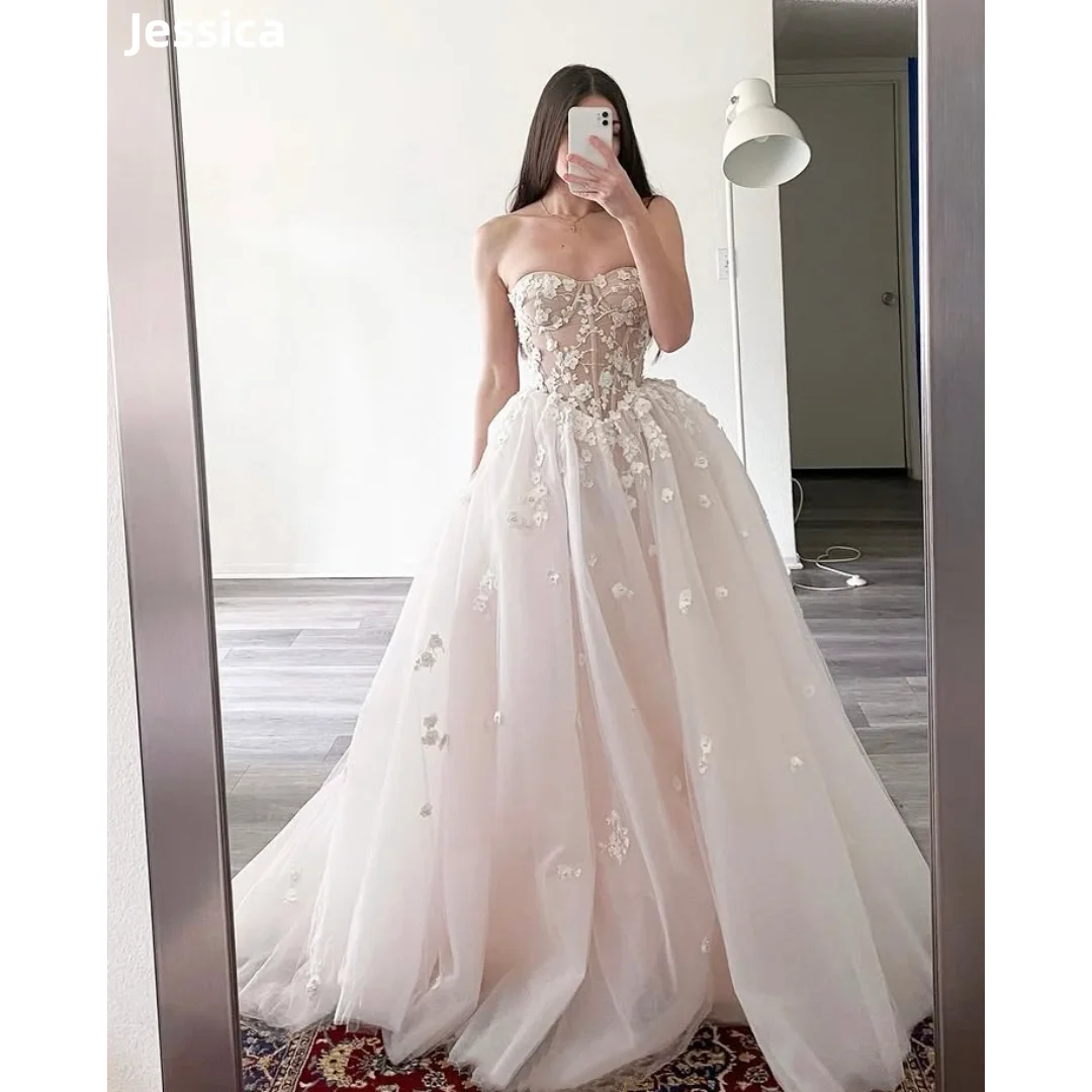 

Jessica Sweetheart Flowers Evening Dresses White Princess Tulle Prom Dresses Elegant Lady Wedding Party Dress Customized