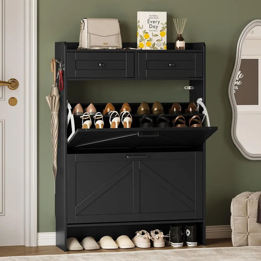 Shoe Storage Cabinet or Entryway, armhouse Narrow Shoe Cabinet with 2 lip Ders & Top Ders, Adjustable Shelves & Hooks, reestandi