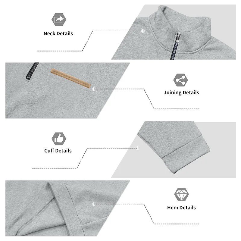 Amerikanischer Herbst- und Winter-Herrenpullover aus schwerem Fleece mit langen Ärmeln, halbem Reißverschluss, lockerem Schnitt und Stehkragen – Detail 29