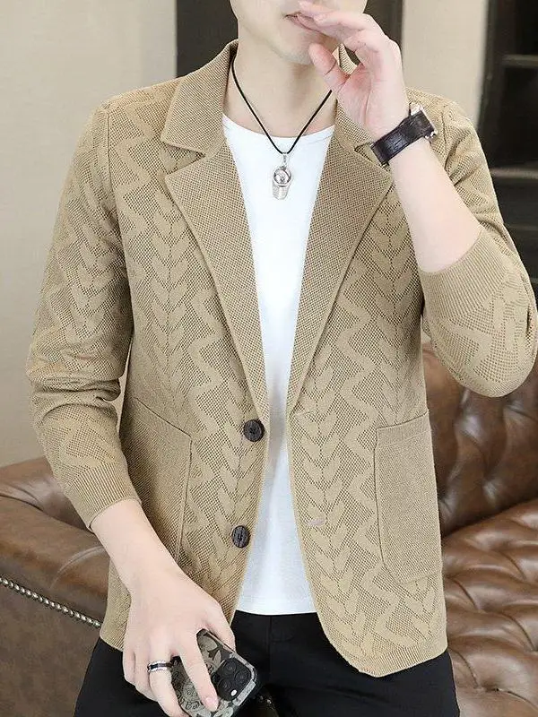 

Мужской вязаный кардиган с отложным воротником, повседневный, с ромбовидным узором, модный, качественный, приталенный, в стиле кэжуал