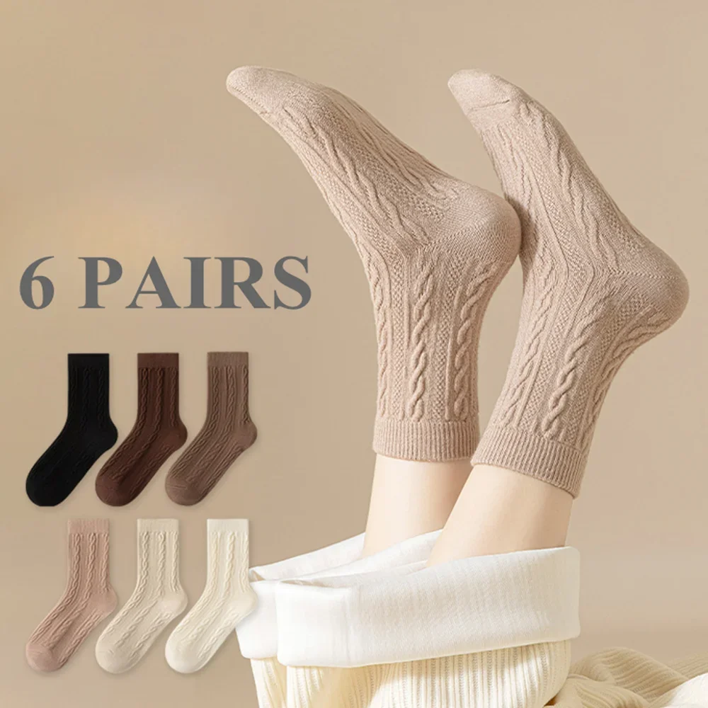 

6 Pairs Twist Thick Warm Winther Socks Women Middle Tube Seamless Thermal Socks High Quality Fleece Floor Socks