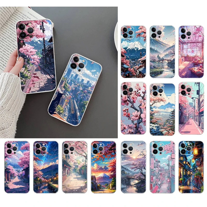 Japanese Landscape Cherry Flower Phone Case For iPhone 16 15 14 13 12 11 Pro Max Plus Mini