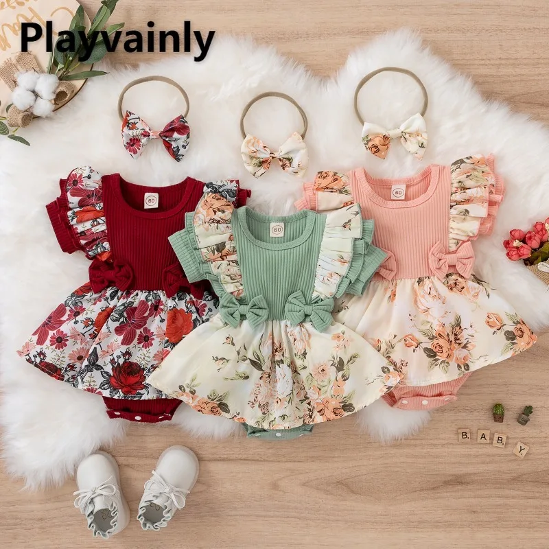 

Baby Girls' Floral Print Bodysuit Summer Red Green Pink Ruffle Short Sleeve Jumpsuit with Skirt Newborn Infant Clothes X1268