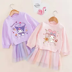 Y2k Dress Spring Autumn Kawaii My Melody  Ins Baby Gauze Dress Cute Kuromi Long Sleeve Hooded Skirt Kids Gifts