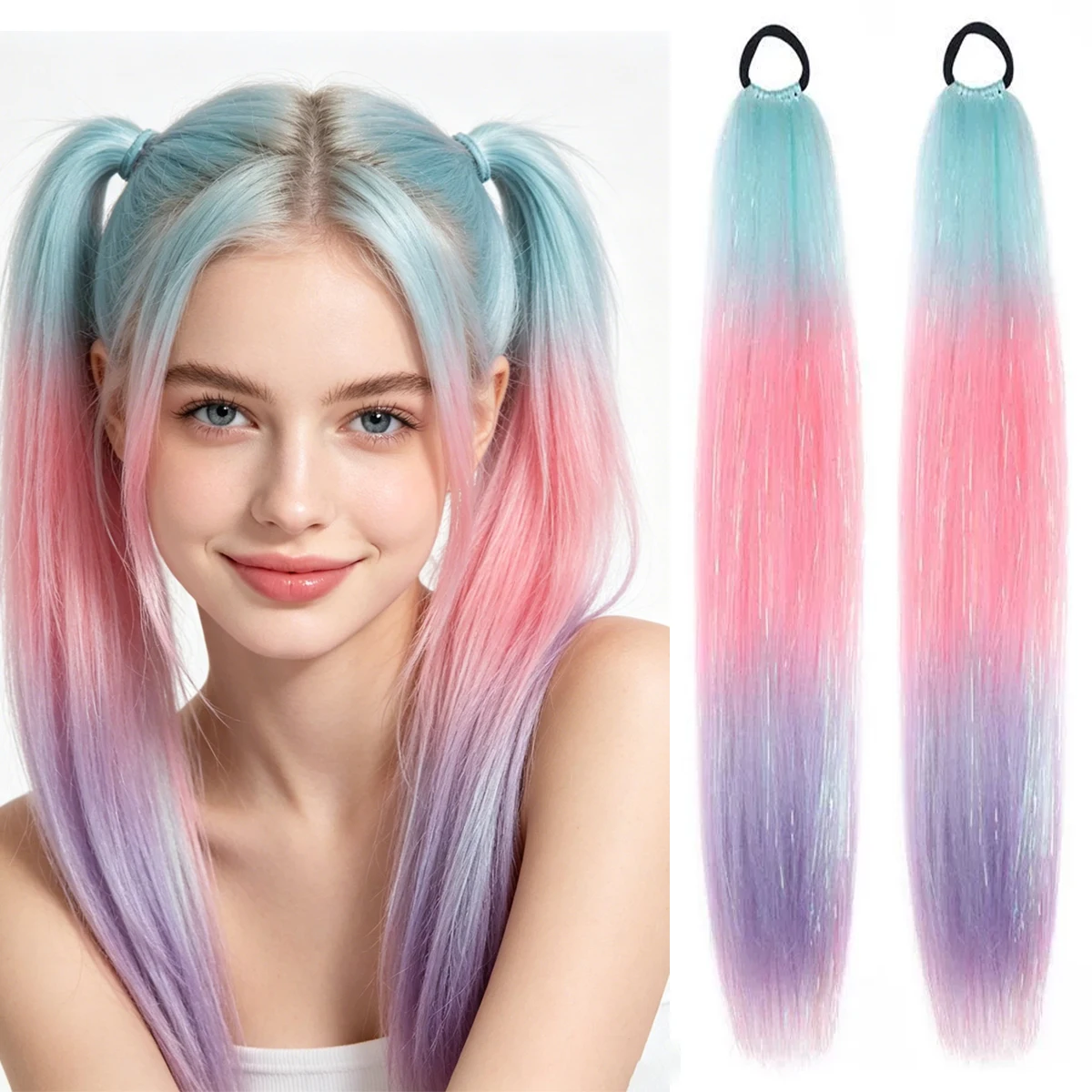 

Synthetic 24 Inch Ombre Blue Pink Purple Glitter Ponytail Hair Extensions With Rainbow Ponytails for Girls Women Party Cosplay