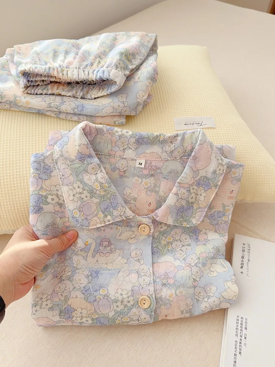 

Комплект пижамы Blue Swan Lake с длинным рукавом и воротником, хлопковый, легкий, для дома, весна-осень, двухслойная марлевая ткань