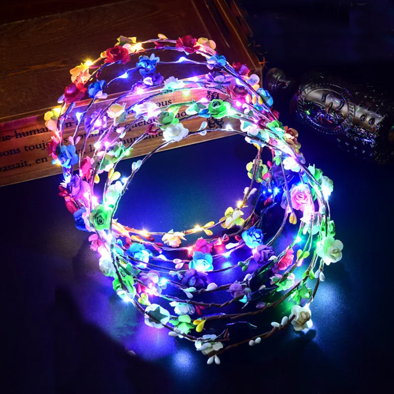 1Pcs LED Flower Crown Headband Light Up Flower Headbands for Women Garlands Glowing Floral Wreath Crowns for Wedding Party