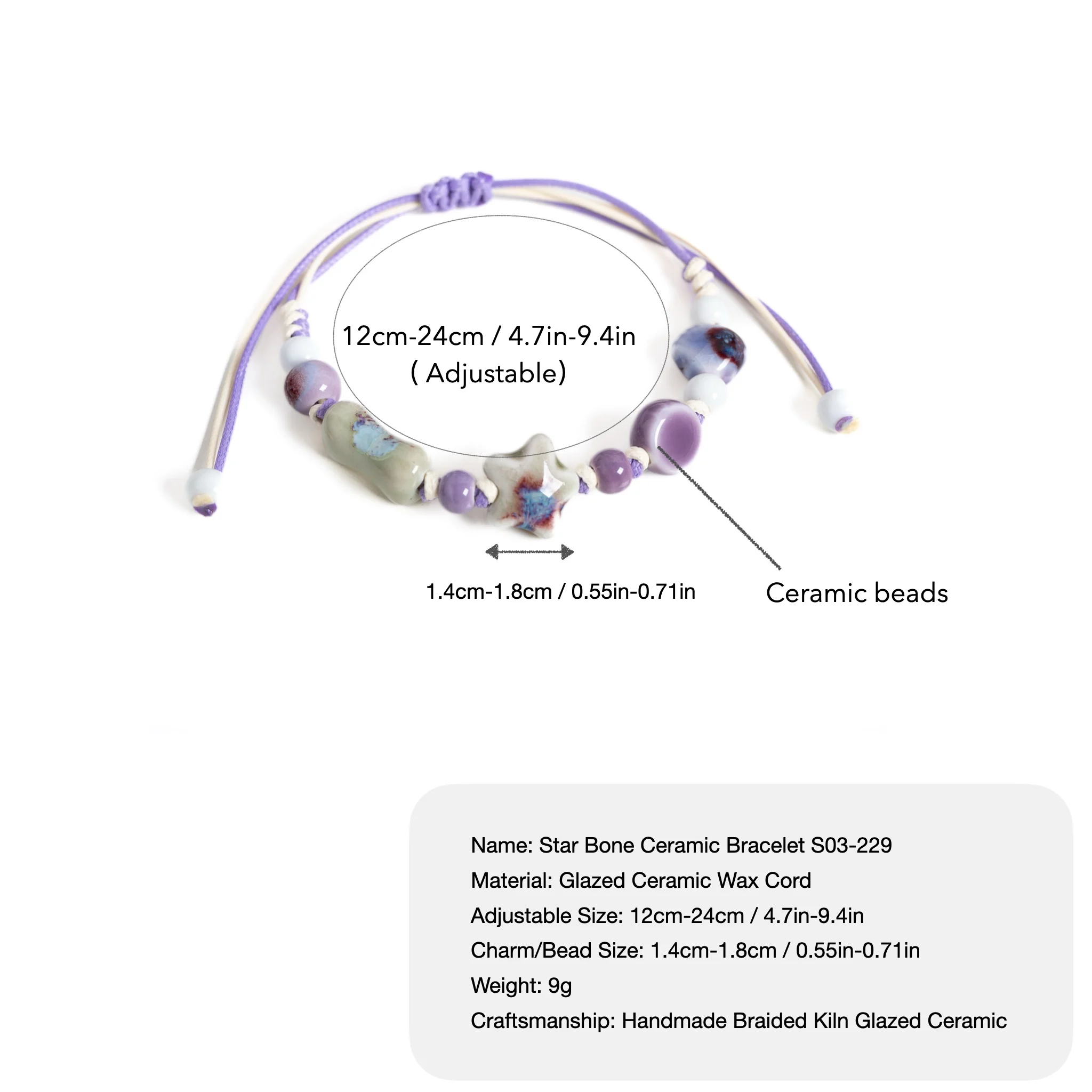 Colorful Star Bone Ceramic Bracelet Handmade Adjustable Wax Cord Porcelain Beaded Bracelet Boho Vintage Jewelry Gift for Women S view 6