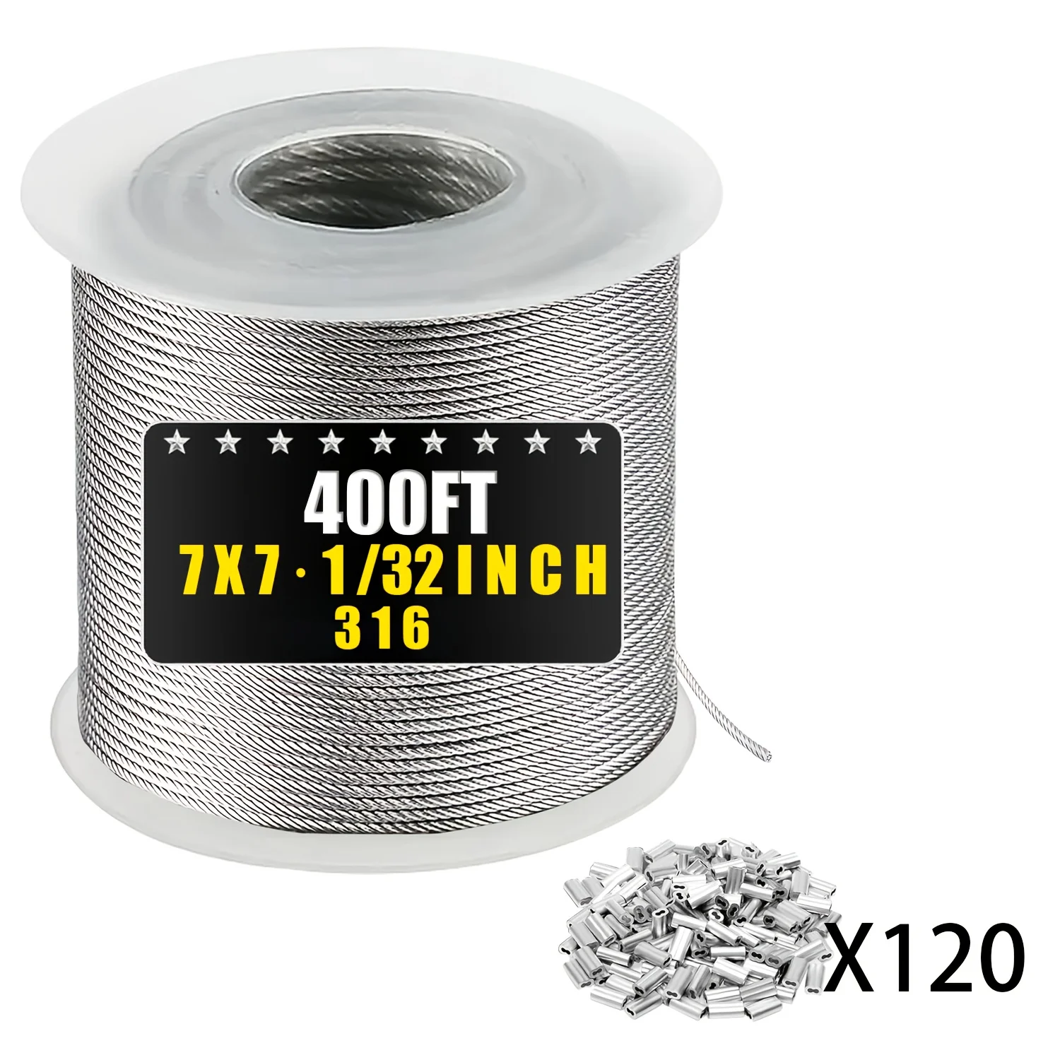 316 Stainless Steel Cable, 50/100/200/400ft, 1/ 32inch Inch Diameter Steel Wire Rope with Aluminum Sleeves, Used for Hanging String Lights, Clothes Hangers, Lattice Lines