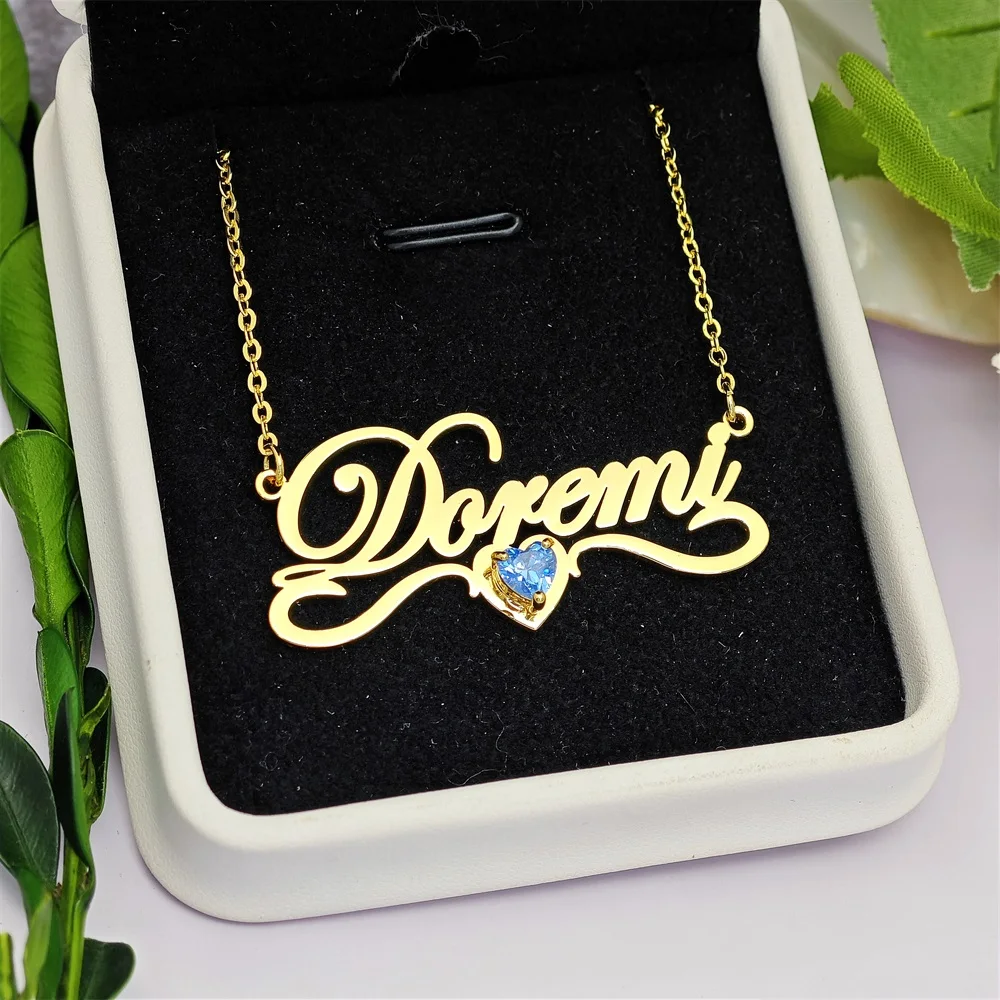 

2023 Personalized Star Steel Name Birthstone Necklace Custom Name Heart Zircon Necklace For Women Birthday Jewelry Gifts