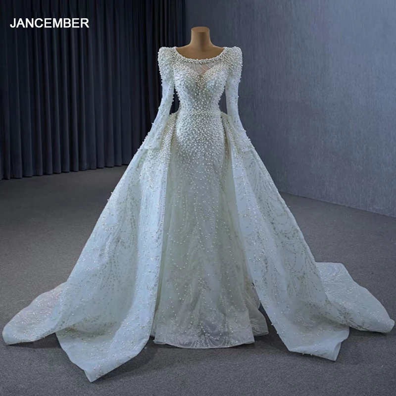 

Jancember Beading Classic Wedding Dresses For Women 2023 Bride O-Neck Full Sleeves Sheath Lace Up Robe Mariage RSM222236