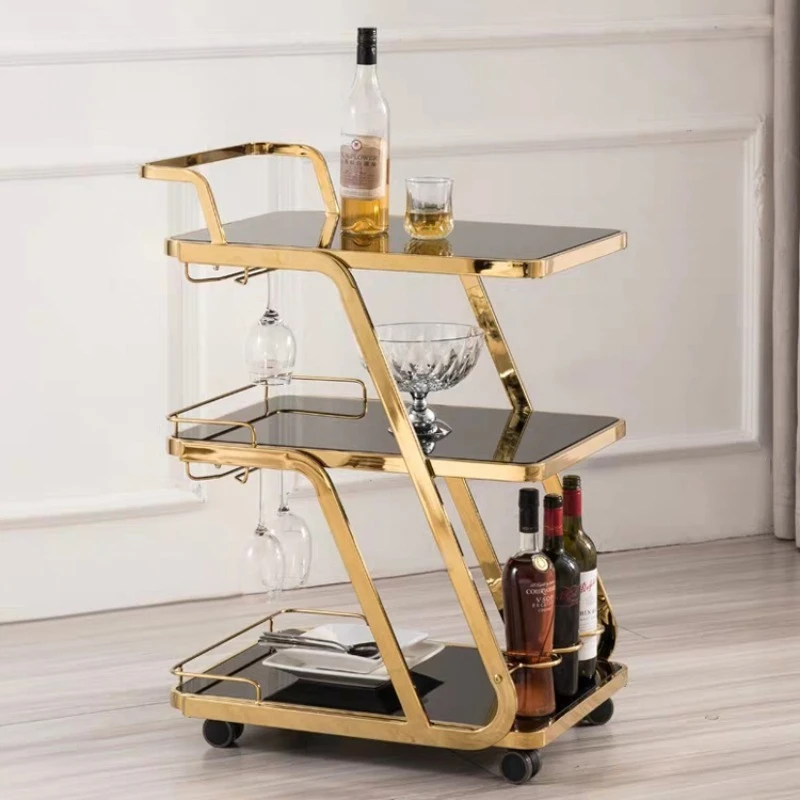 Tea Trolley High End Hotel Service Cart Stainless Steel Three Tier Glass Bar Cart Commercial Restaurant Cake Serving Trolley